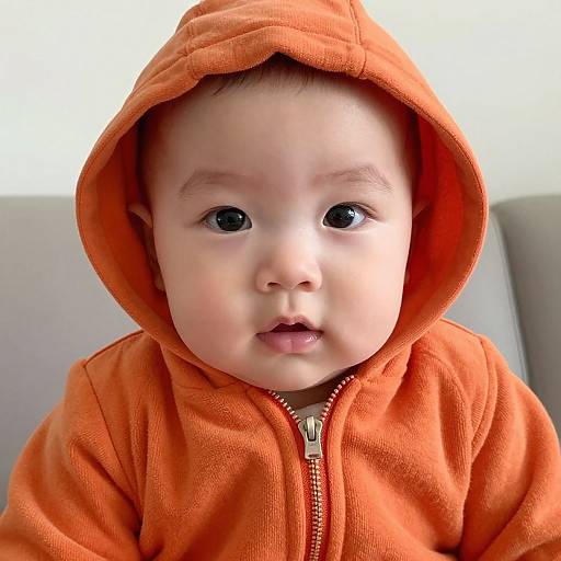 Photograph of a cute baby with fair skin, wearing an orange hooded sweatshirt, looking directly at the camera with wide, dark eyes.