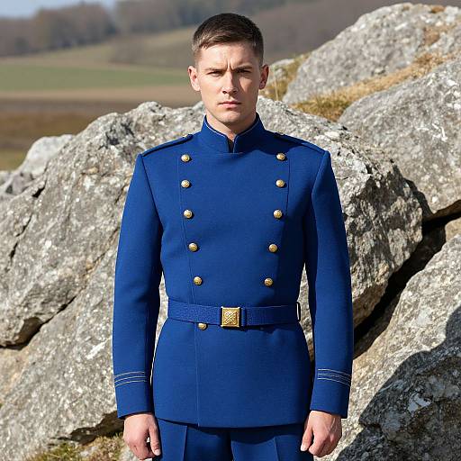 Photograph of a serious young man in a blue double-breasted military uniform with gold buttons, standing in front of large rocky terrain under a bright sky