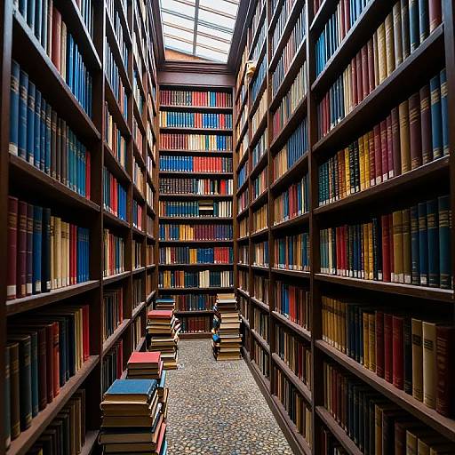Photograph of a grand, narrow library aisle with tall wooden bookshelves filled with colorful, neatly arranged books, and stacks of books on the floor