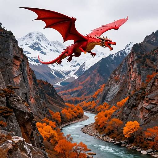 Digital art of a red dragon soaring above an autumnal mountain valley with a winding river, orange foliage, and snow-capped peaks.