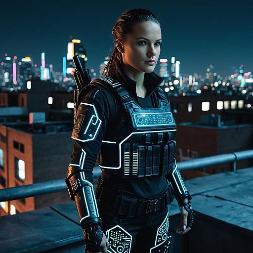 Futuristic Cyberpunk Female Warrior on Urban Rooftop