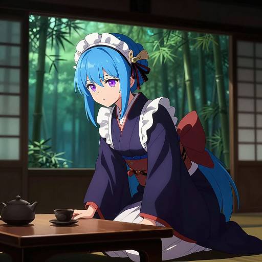 Anime-style digital drawing of a blue-haired, purple-eyed maid with a white headband and red bow, kneeling in a traditional Japanese room, serving tea