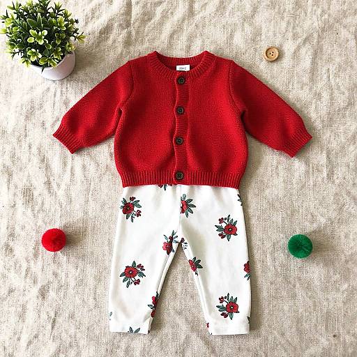 Photograph of a red knitted cardigan with black buttons, white pants with red floral prints, and two pom-poms, on a textured beige