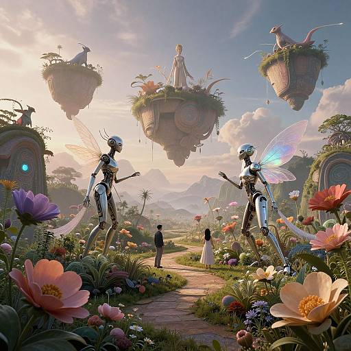 Digital fantasy artwork: Two metallic, fairy-like figures with glowing blue wings converse in a vibrant, flower-filled meadow with floating gardens and a distant,