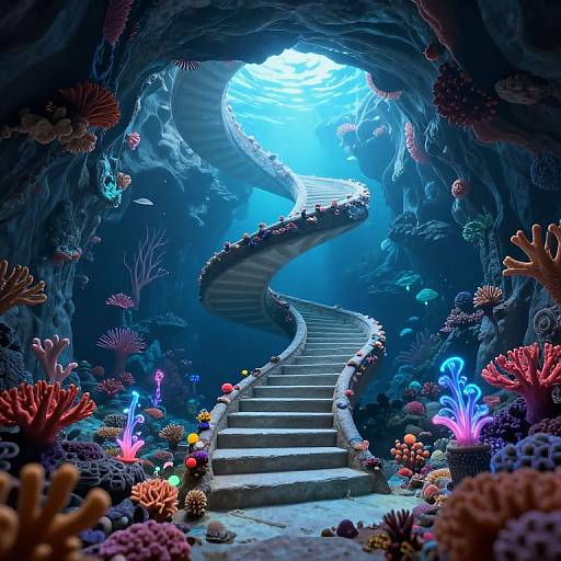 Digital artwork of a spiral stone staircase descending into a vibrant, colorful underwater cave with glowing coral, fish, and a bright blue ocean light at the top