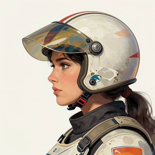 Digital drawing of a serious young woman in a white astronaut helmet with reflective visor, black hair in a ponytail, white and orange spacesuit,