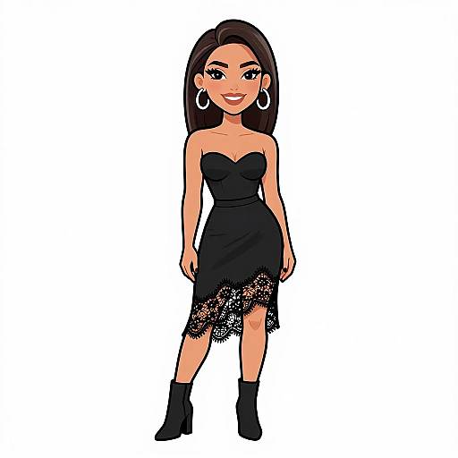 Digital illustration of a smiling woman with long black hair, wearing a strapless black lace dress, black ankle boots, and large hoop earrings, standing against