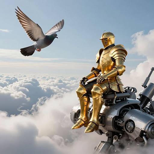Golden armored knight sitting on a futuristic machine, with a flying pigeon above, amidst fluffy clouds and a bright blue sky. Digital art.
