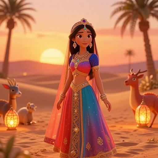 Digital illustration of a young South Asian woman in a vibrant, traditional blue and red dress, adorned with gold jewelry, standing in a sunset-lit desert