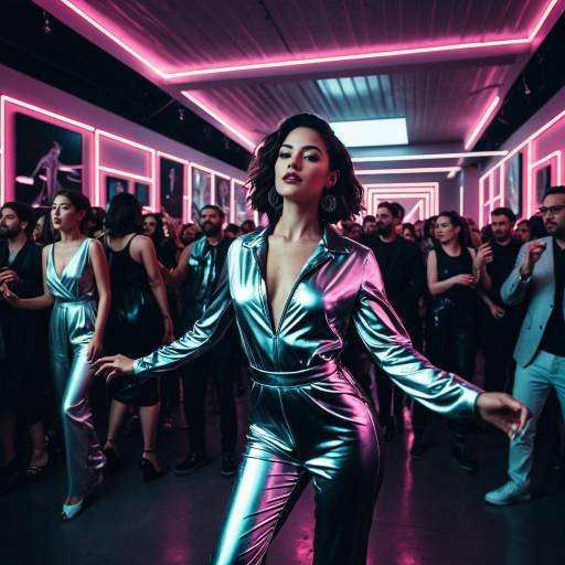 Woman dancing in silver jumpsuit at neon lit art gallery party