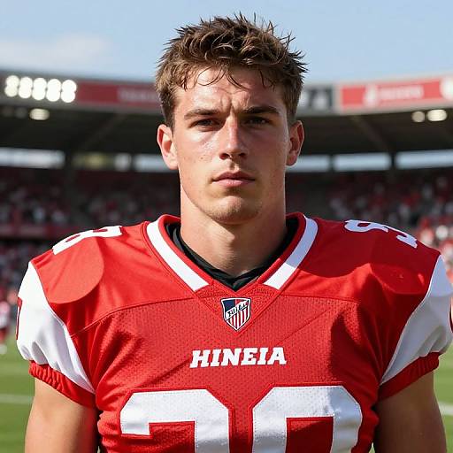 Photograph of a young, handsome male football player with short brown hair, wearing a red and white Hines jersey number 19, standing in a