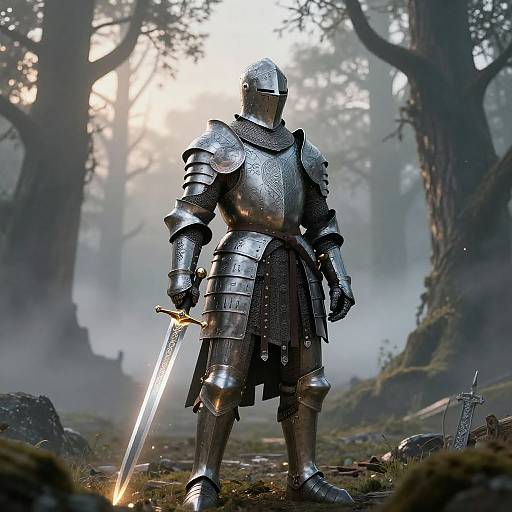 Photorealistic CGI of a medieval knight in shiny silver armor, standing in a misty forest, holding a glowing sword, with a small knight statue