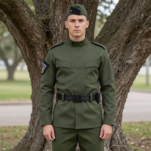 Photograph of a serious, young, Caucasian male soldier in green uniform with black belt, standing in front of a large tree.