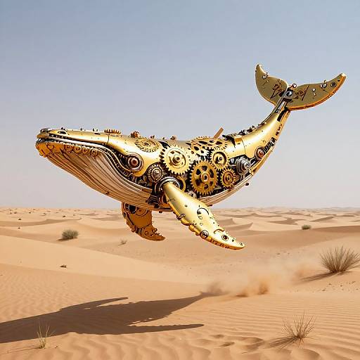 Photorealistic CGI of a golden, steampunk-style whale with intricate gears and clockwork mechanisms soaring above a sandy desert under a clear blue sky