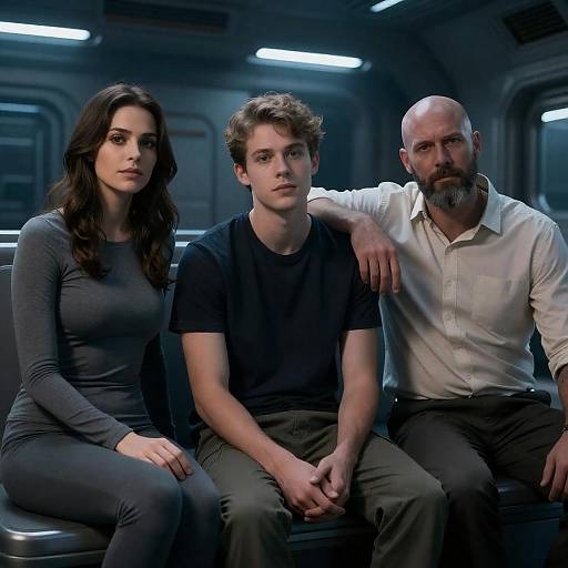 Three People in Futuristic Spaceship Interior