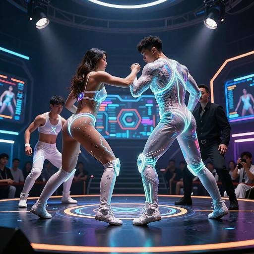 Digital art of a neon-lit dance battle: two dancers in glowing white bodysuits face off, surrounded by a cheering audience.
