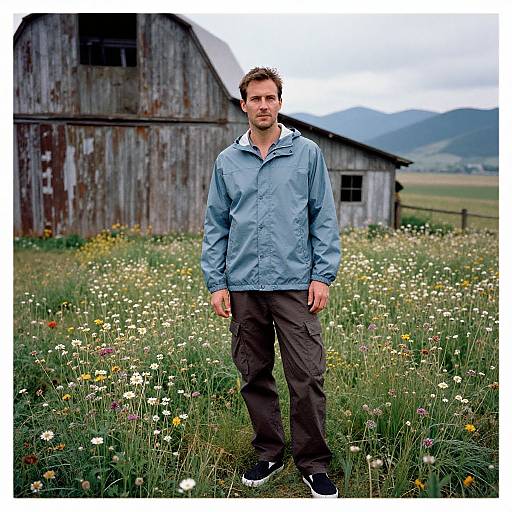 Photograph of a bearded man in a blue jacket and dark pants standing in a wildflower-filled meadow with a weathered barn in the background