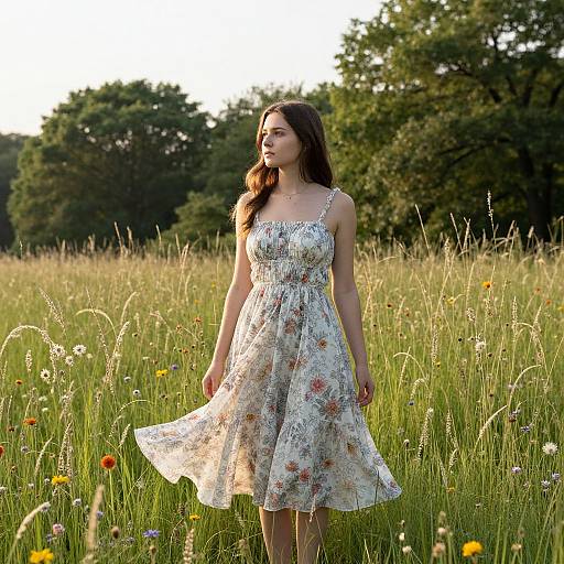 Photograph of a young woman with long brown hair, wearing a white floral dress, standing in a sunlit meadow with tall grass and wildflowers