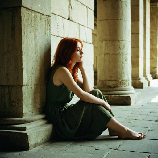 Contemplative Young Woman Sitting by Stone Pillar