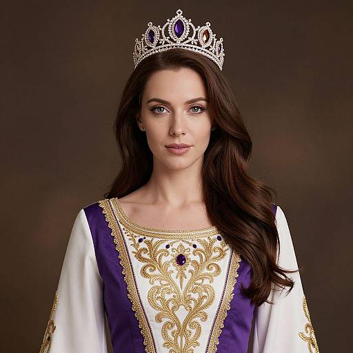 Photograph of a fair-skinned woman with long brown hair, wearing a silver crown and an ornate white and purple medieval-style gown with gold embroidery