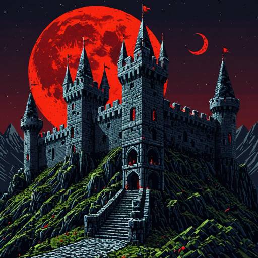 Low Poly Spooky Castle with Red Moon