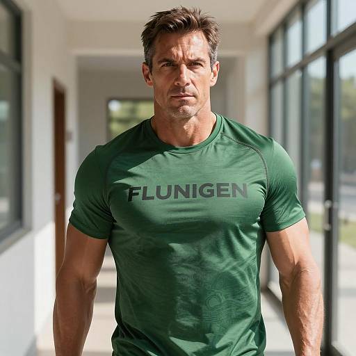 Muscular man in green athletic t-shirt standing in sunlit hallway