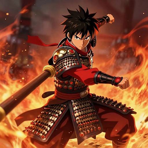 Anime-style drawing of a fierce, black-haired samurai with spiky hair, wearing detailed armor, wielding a sword, surrounded by intense flames.