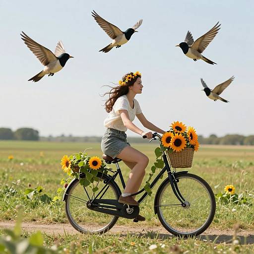 Photograph of a smiling woman with sunflower crown, white top, and denim shorts, riding a black bike with sunflower basket, surrounded by flying