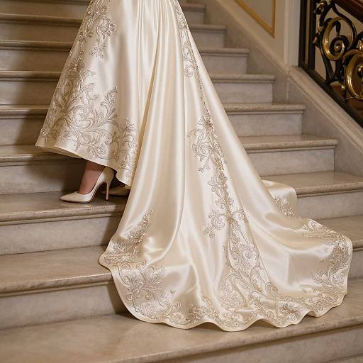 Photograph of a woman's lower body in an elegant, ivory satin wedding dress with intricate floral embroidery, descending marble stairs in white heels.