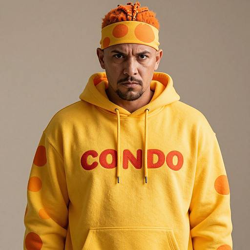 Photograph of a serious-looking man with orange curly hair, wearing a yellow hoodie with 