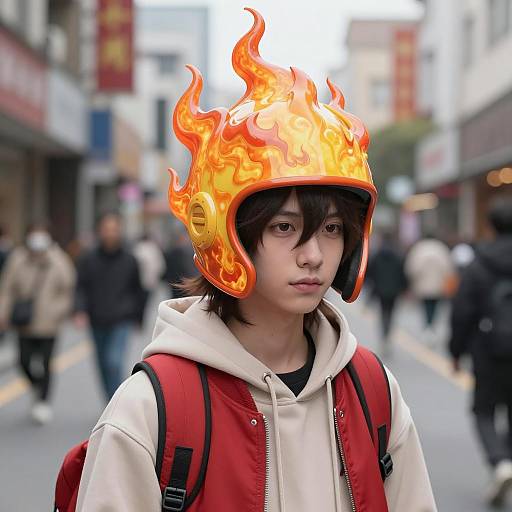 Vibrant Anime Fireball Cosplay in Urban Setting
