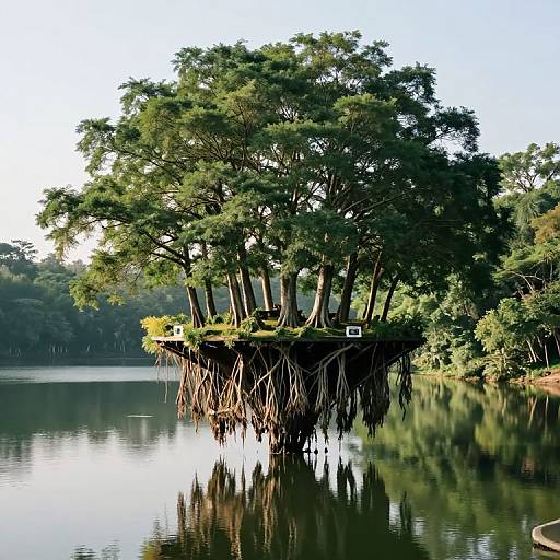 Photograph of a lush, tree-covered floating island with visible roots, reflecting in a calm lake under a clear blue sky.