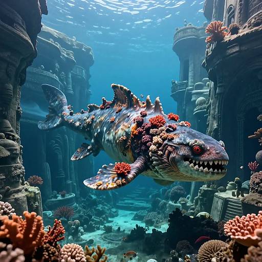 Photorealistic CGI of a vibrant, spiky, coral-covered fish swimming through an underwater ruins scene with detailed, ancient stone pillars.