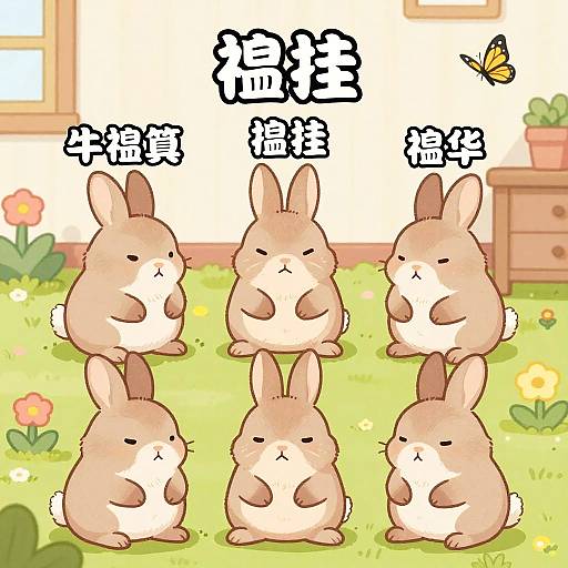 Cute digital drawing of six chubby, beige and brown bunnies with crossed arms, standing on green grass with flowers, Japanese text above, and