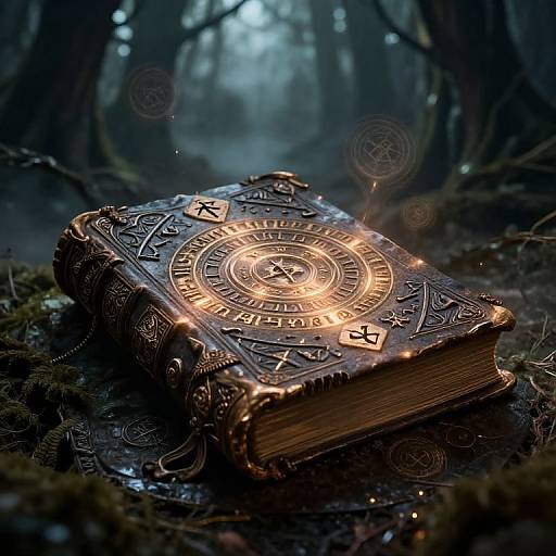 Mystical, glowing book with intricate runes and symbols, resting on a forest floor, surrounded by mist and enchanted symbols. Digital artwork.