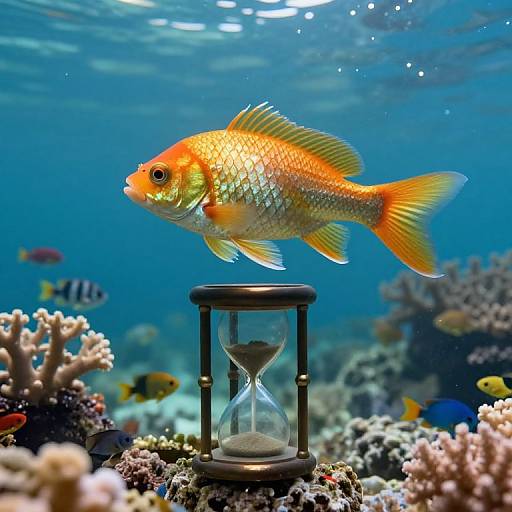 Photograph of an orange fish with yellow fins hovering above a glass hourglass on a vibrant coral reef underwater. Blue water background.