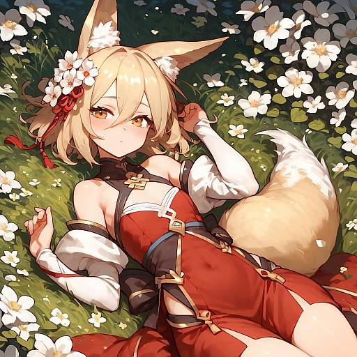 Fox Girl Lying in Flower Field