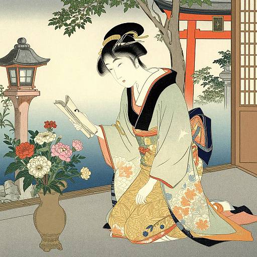 Ukiyo-e Woman in Serene Garden