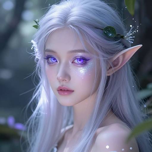 Digital fantasy portrait of an ethereal, fair-skinned elf with glowing purple eyes, long silver hair, pointed ears, and a delicate flower crown,