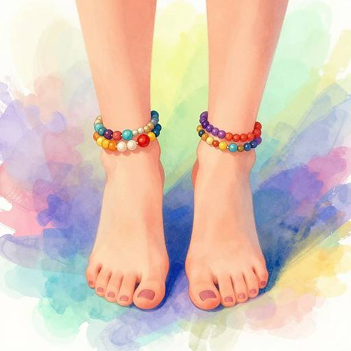 Digital artwork of two bare feet adorned with colorful bead anklets, set against a vibrant, abstract watercolor background.