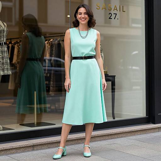 Photograph of a smiling woman with medium-length dark hair, wearing a light turquoise sleeveless dress, black belt, and matching shoes, standing in front
