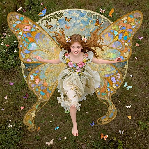 Magical fairy with long brown hair, golden wings, white dress, flower crown, and flower bouquet, floating above grassy field with colorful butterflies.