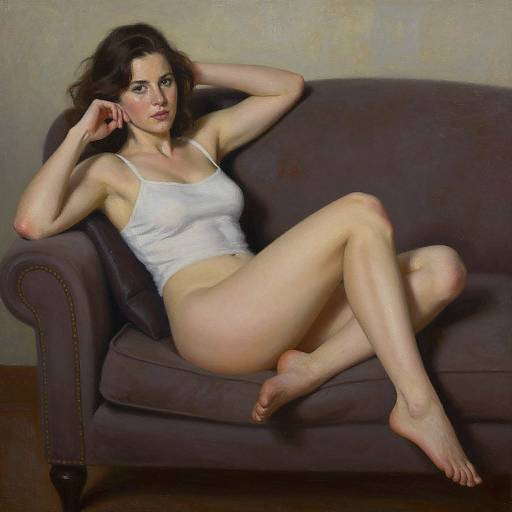 Realistic painting of a fair-skinned woman with dark brown hair, wearing a white tank top, lounging on a dark gray couch.