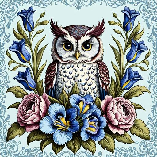 Baby Owl with Blue Irises and Baroque Flourishes