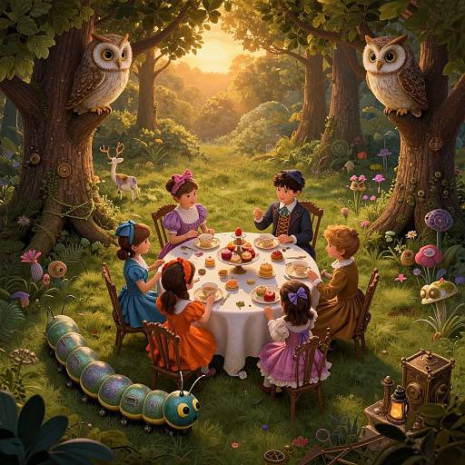 Whimsical digital painting of six children in Victorian dresses and suits, having tea around a table in a sunlit forest, with owls perched