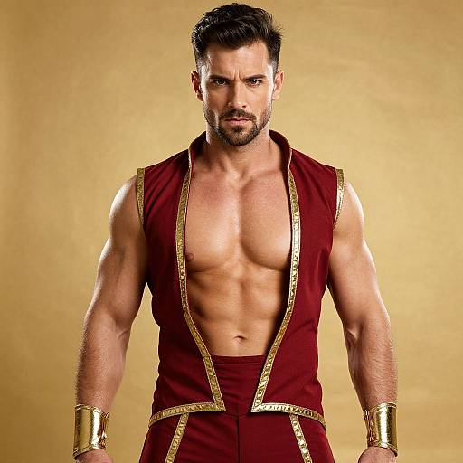 Photograph of a muscular, bearded man with short dark hair, wearing a deep red, gold-trimmed, sleeveless vest, revealing a