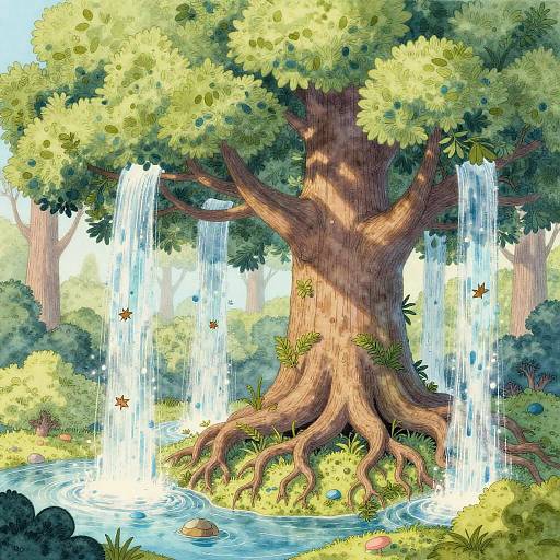 Vibrant digital illustration of a majestic tree with cascading waterfalls, lush greenery, and a serene pond surrounded by colorful flowers.
