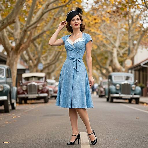 Vintage-style photograph of a fair-skinned woman in a blue polka-dotted dress, black hat, and heels, walking on a leafy street