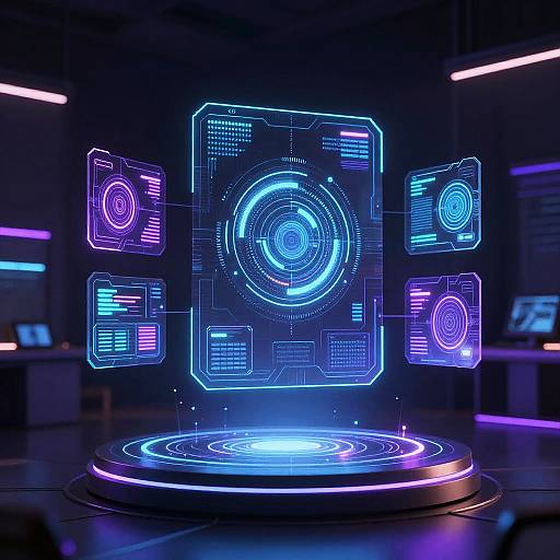 Neon-lit futuristic holographic interface with blue and purple circular and square digital displays floating above a glowing circular base. High-tech, sci-fi ambiance