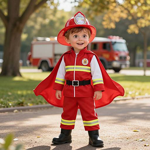 Photograph of a smiling toddler in a red firefighter costume, standing outdoors with a fire truck in the blurred background.